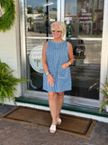Sleeveless Stripe Denim Mini Dresswith Scalloped Embroidery