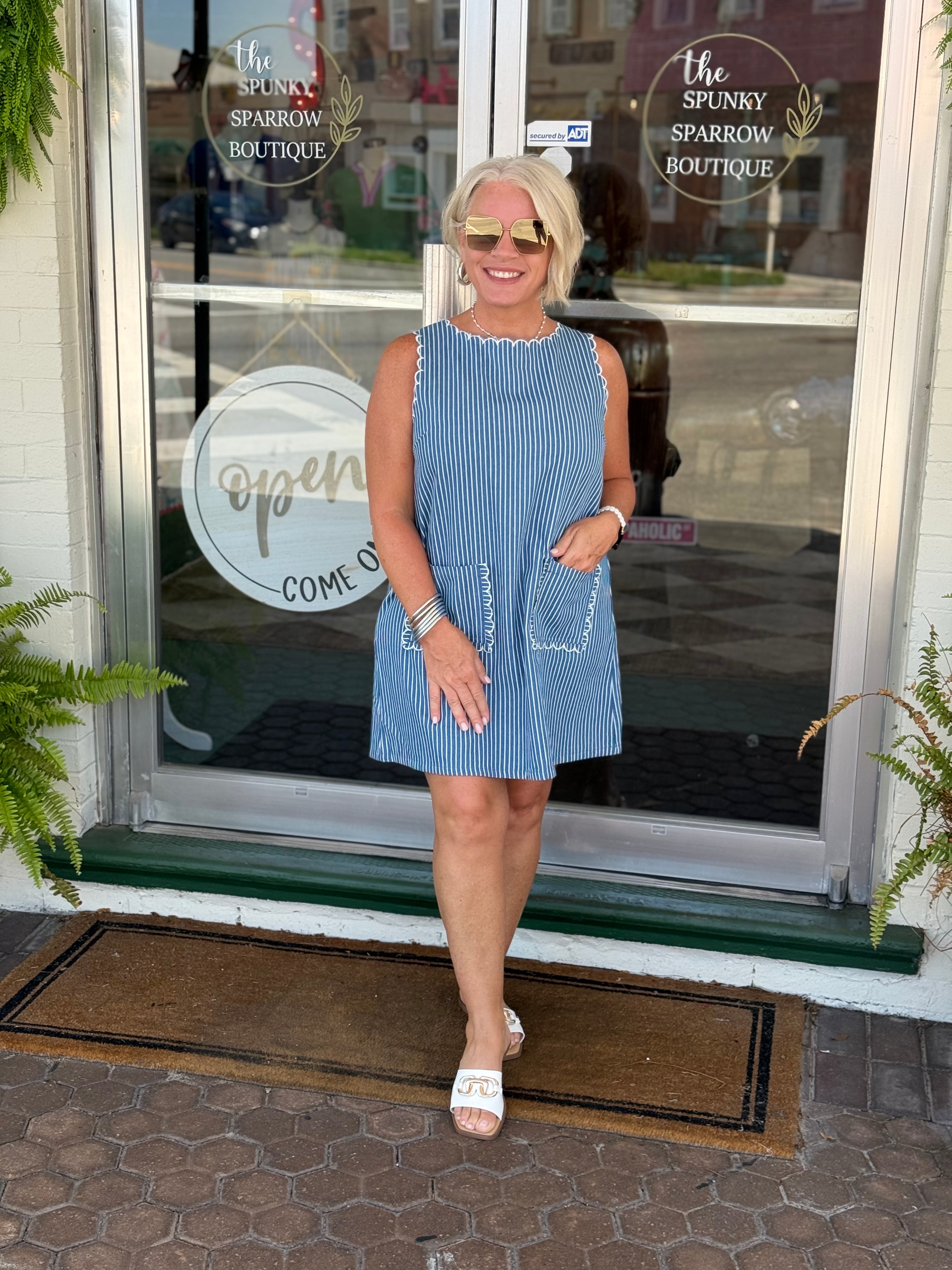 Sleeveless Stripe Denim Mini Dresswith Scalloped Embroidery