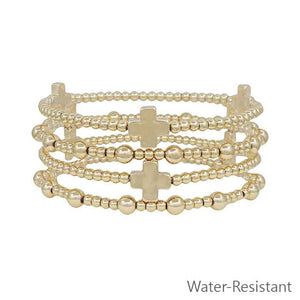 Water Resistant Set of 4 Gold Beaded  and Gold Cross Stretch Bracelets