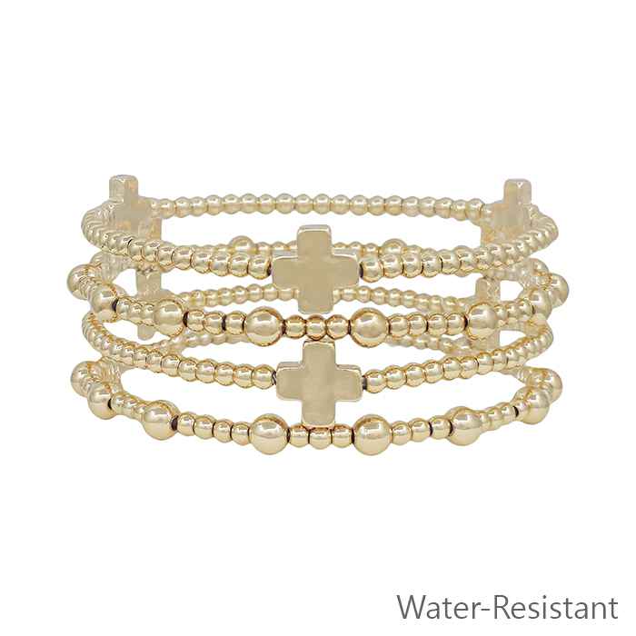 Water Resistant Set of 4 Gold Beaded  and Gold Cross Stretch Bracelets