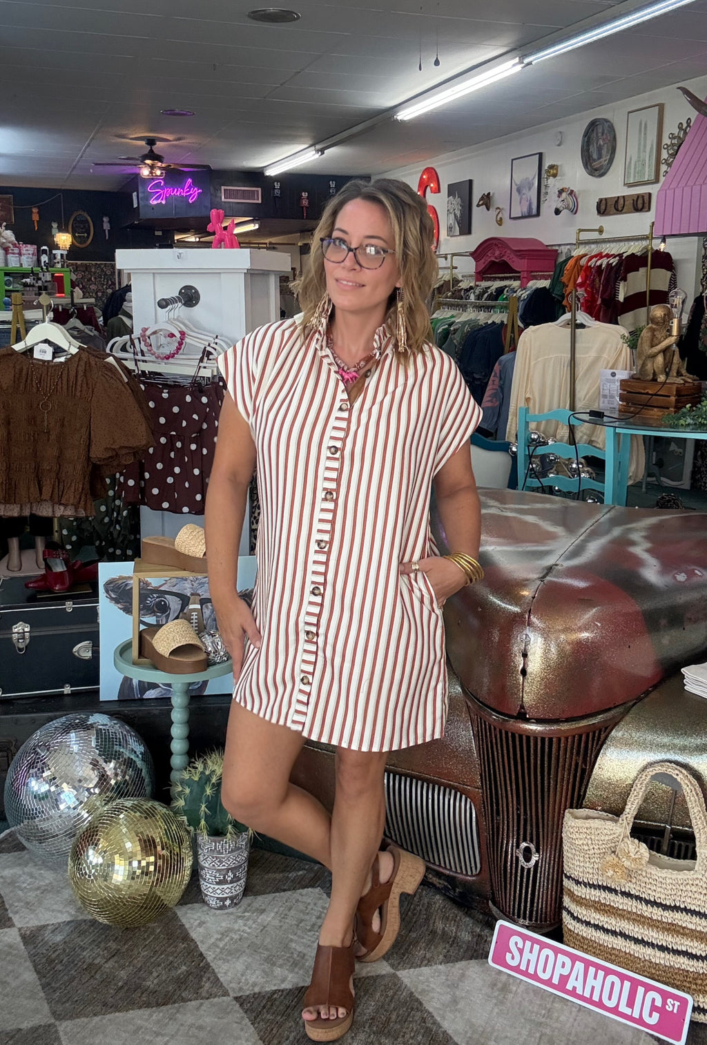 Rust Striped Sleeveless Button-Front Mini Shirt Dress