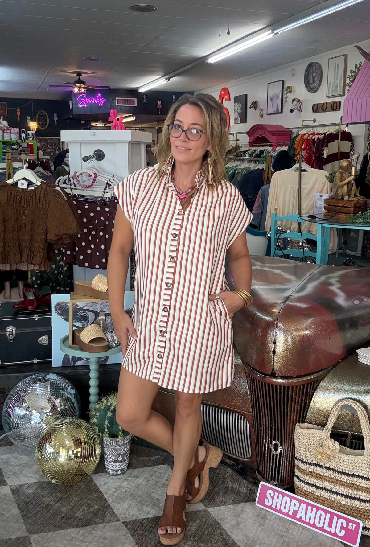 Rust Striped Sleeveless Button-Front Mini Shirt Dress