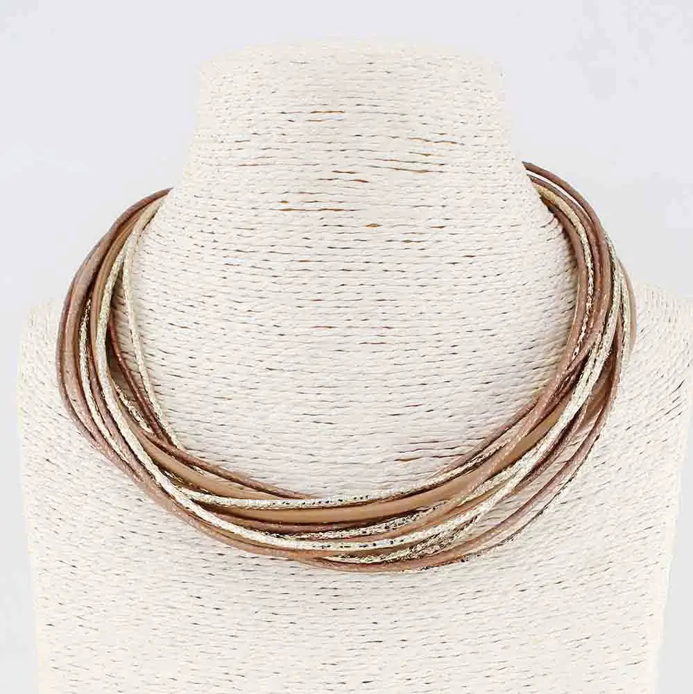 Brown Leather and Gold Cords 16"-18" Necklace
