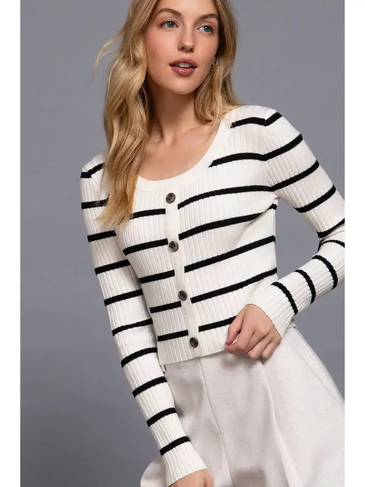Ivory N Black Long Sleeve Round Neck Button Down Stripe Sweater