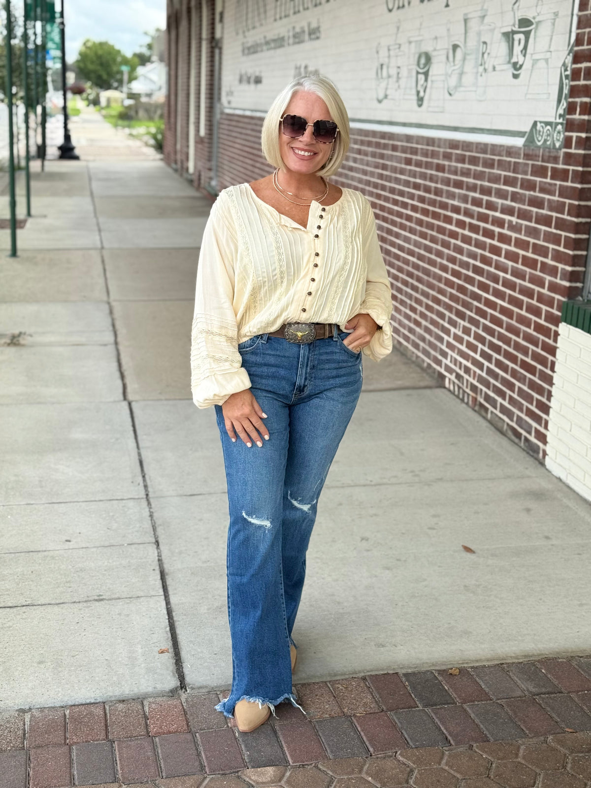 Ivory Lace Trims Button Front Long Sleeve Blouse