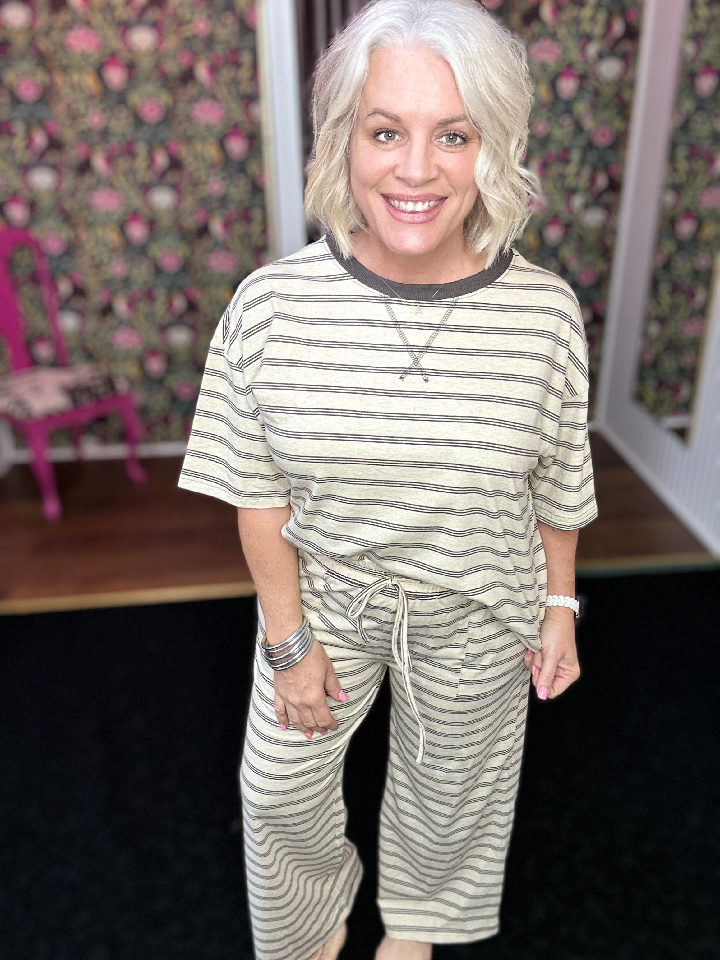 Oatmeal Striped Relaxed Fit Knit Top and Wide Leg Pant Set