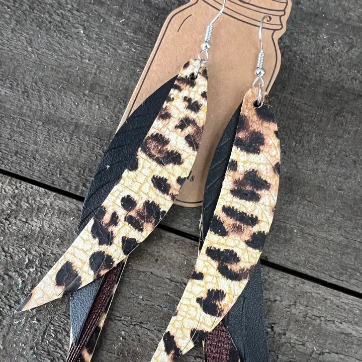 Crackle Leopard Cheetah Fringe Feather Leather Earring