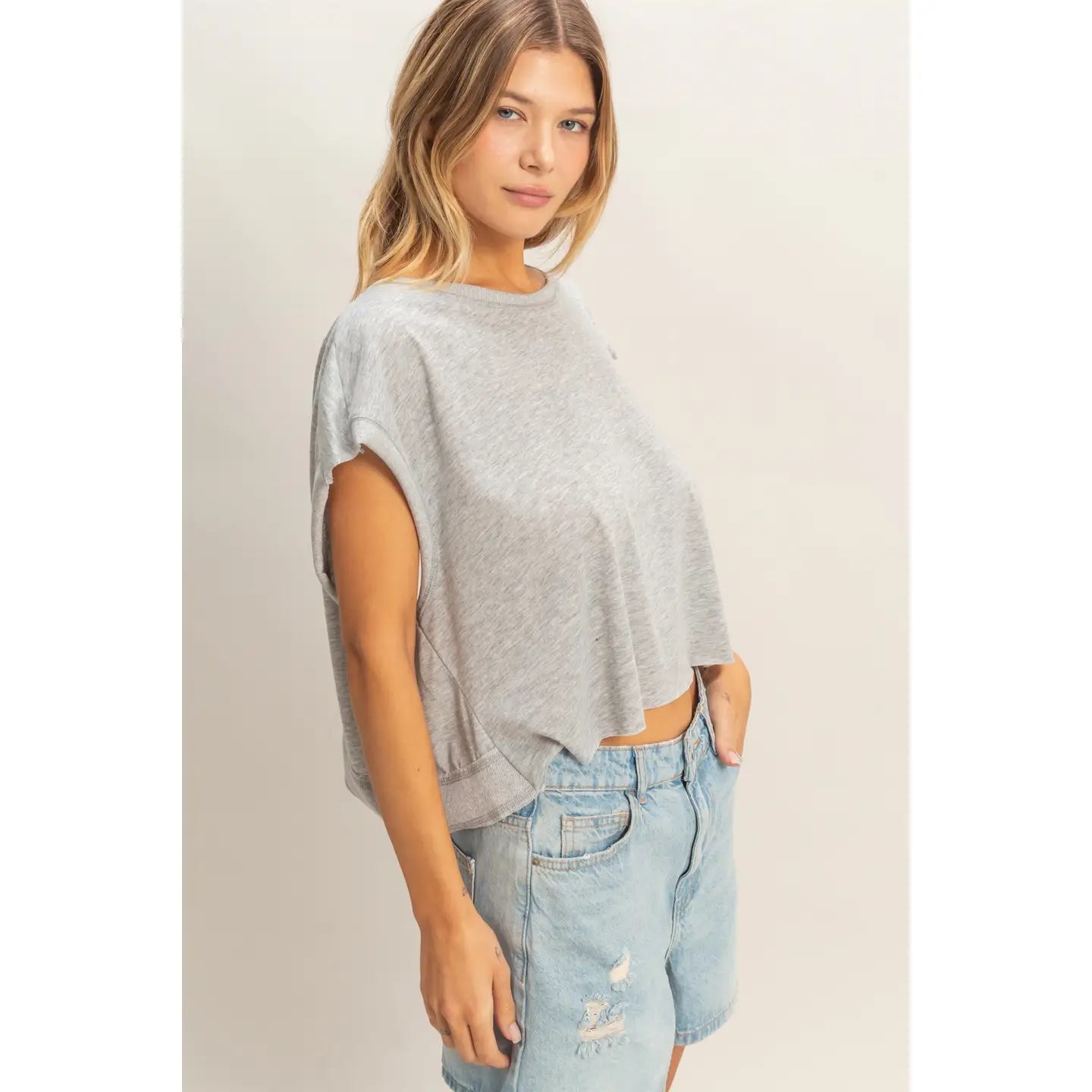 Heather Gray Open Back Boxy Crew Neck Top