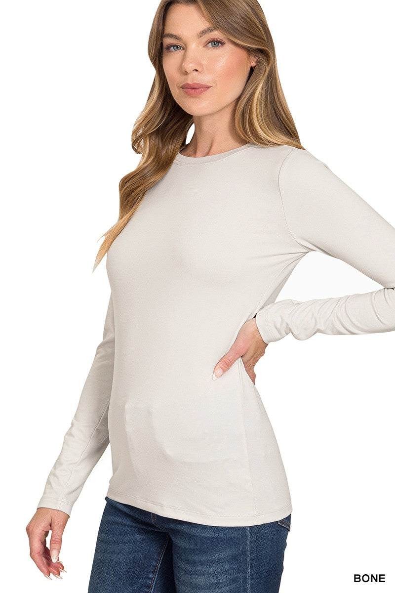 Brushed Microfiber Long Sleeve Round Neck Tee in Bone