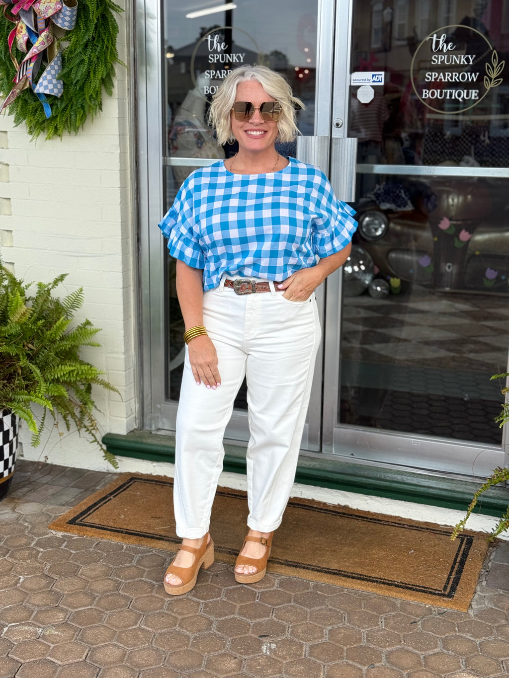 Gingham Ruffle Short Sleeves Top