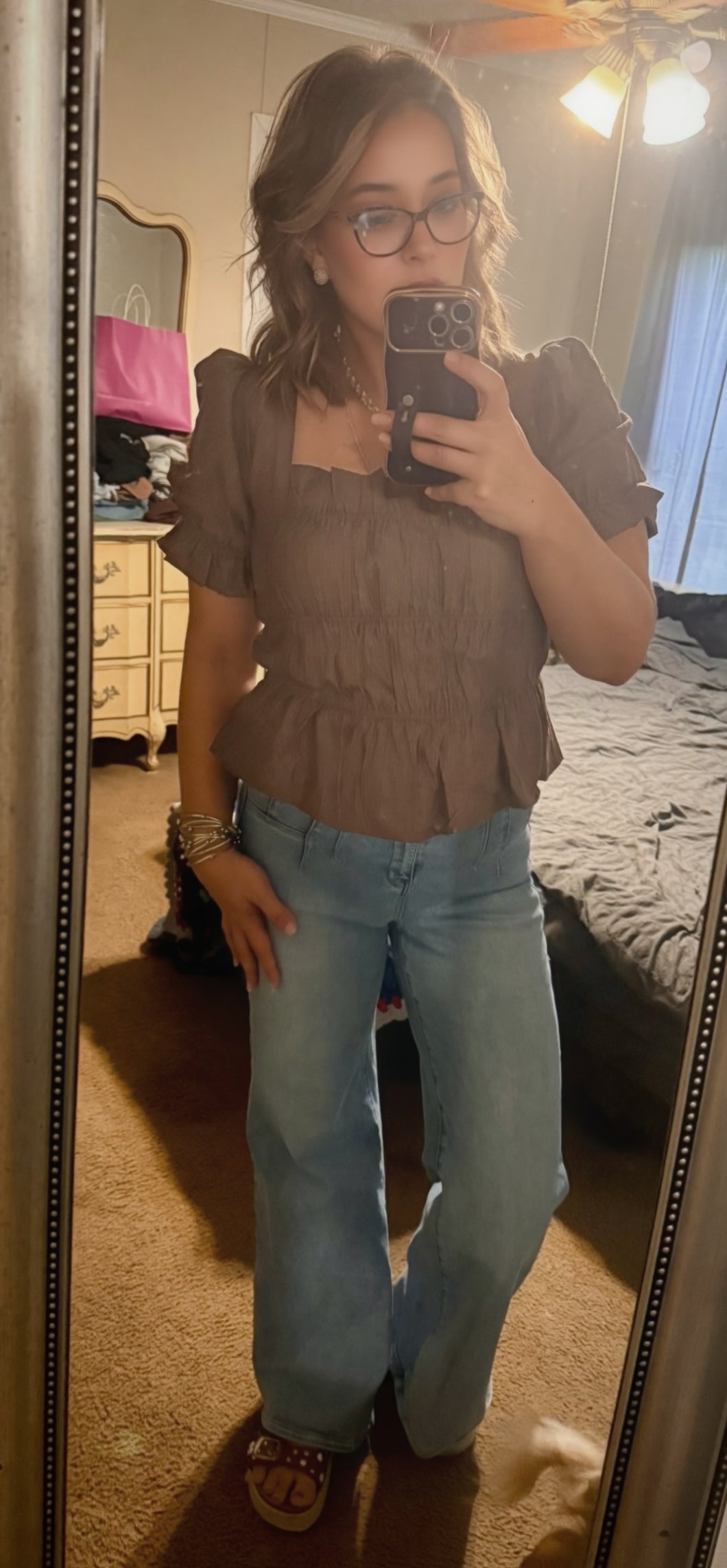 Brown Square Neck Smocked Top