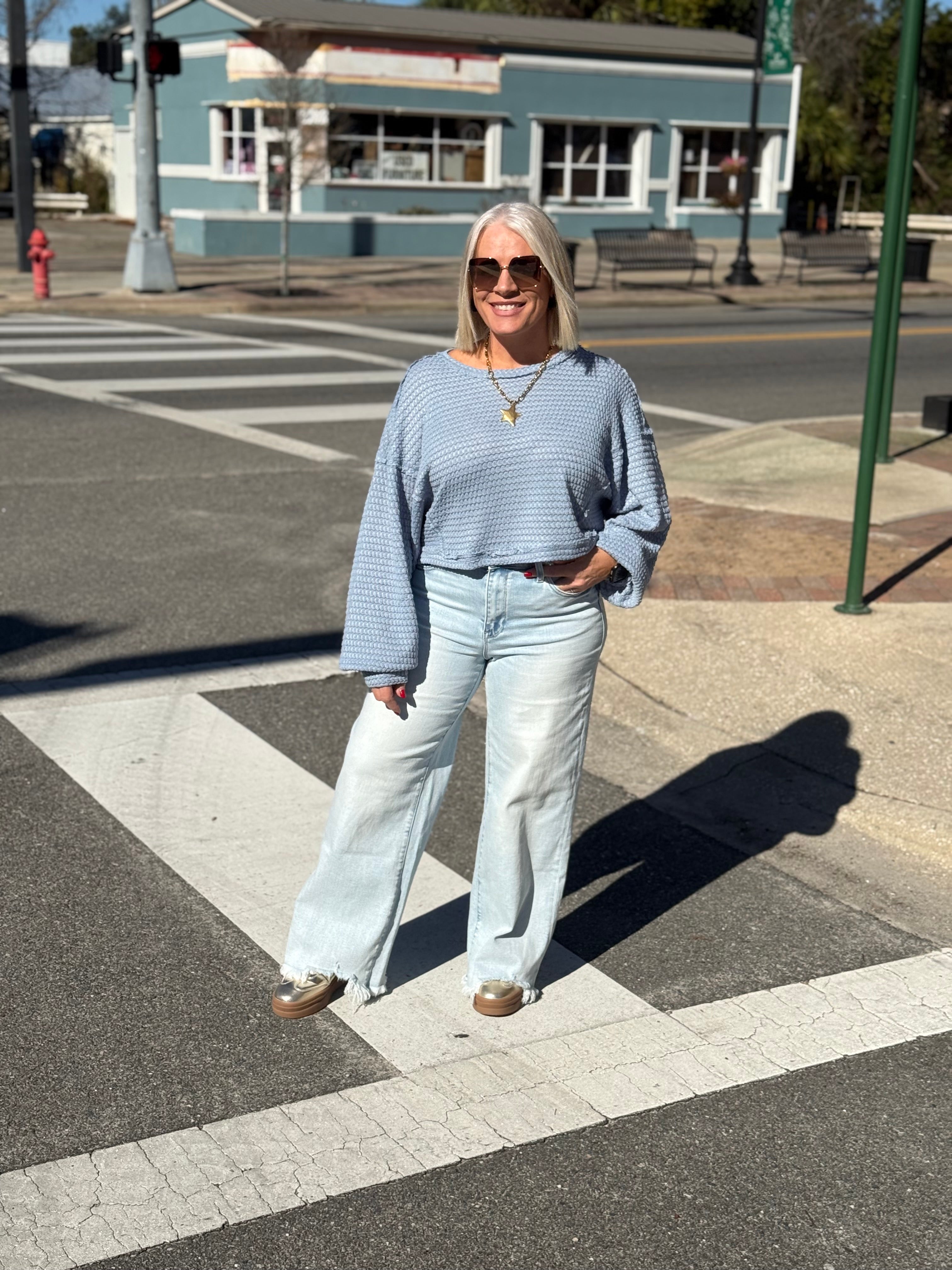 BLUE Oversized Waffle Top