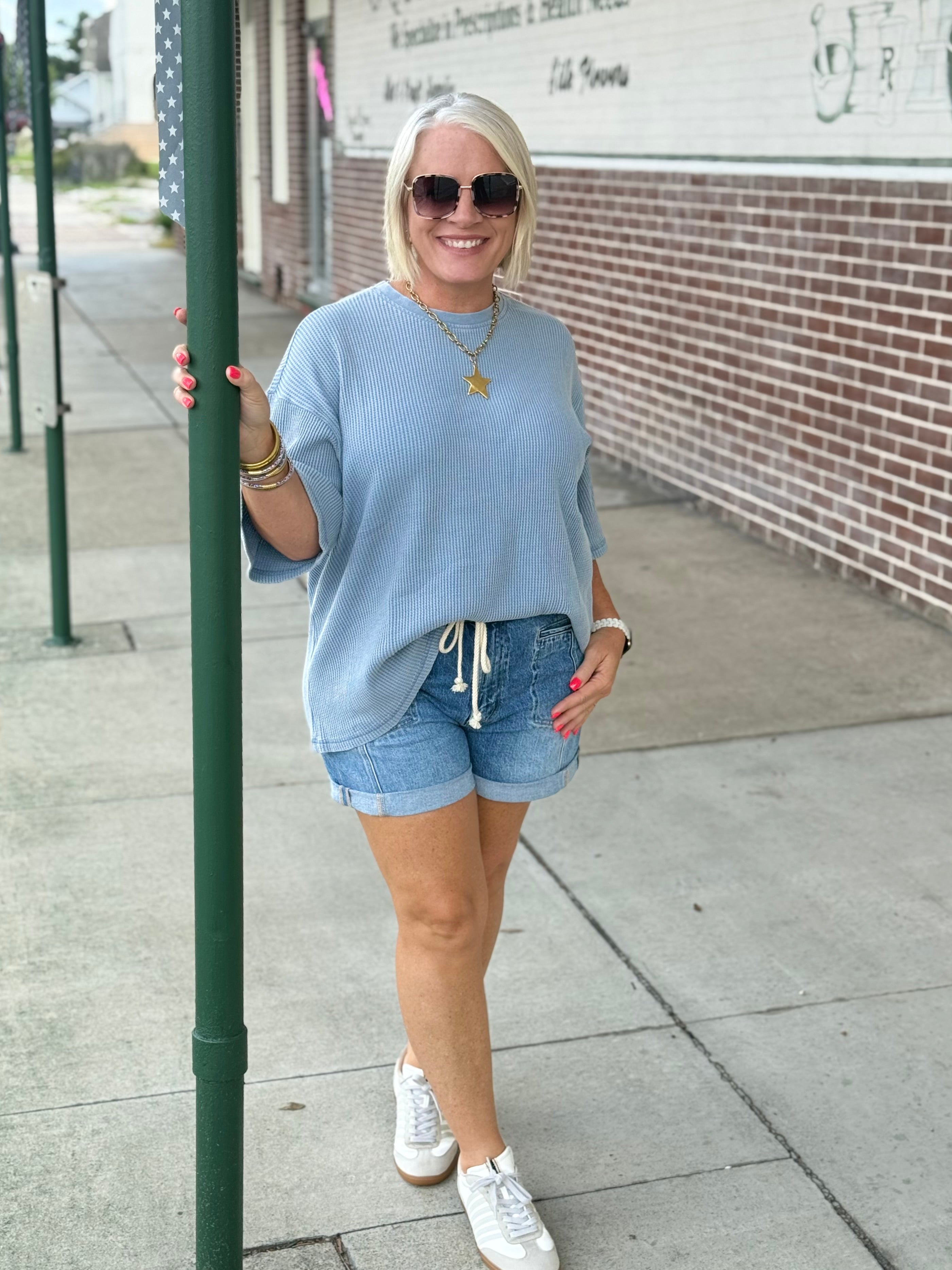Mineral Wash Waffle Crew Neck Short Sleeve Top In  Dusty Blue