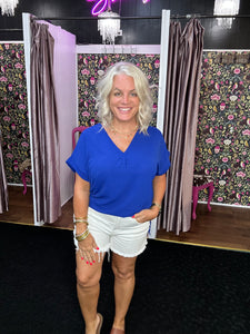 ROYAL BLUE Short Sleeve Relaxed Fit Woven V Neck Top