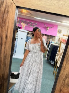 Pleated Polka Dot Maxi Dress