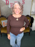 Chocolate Stripe Diagonal Snap Button Sweater Knit Top