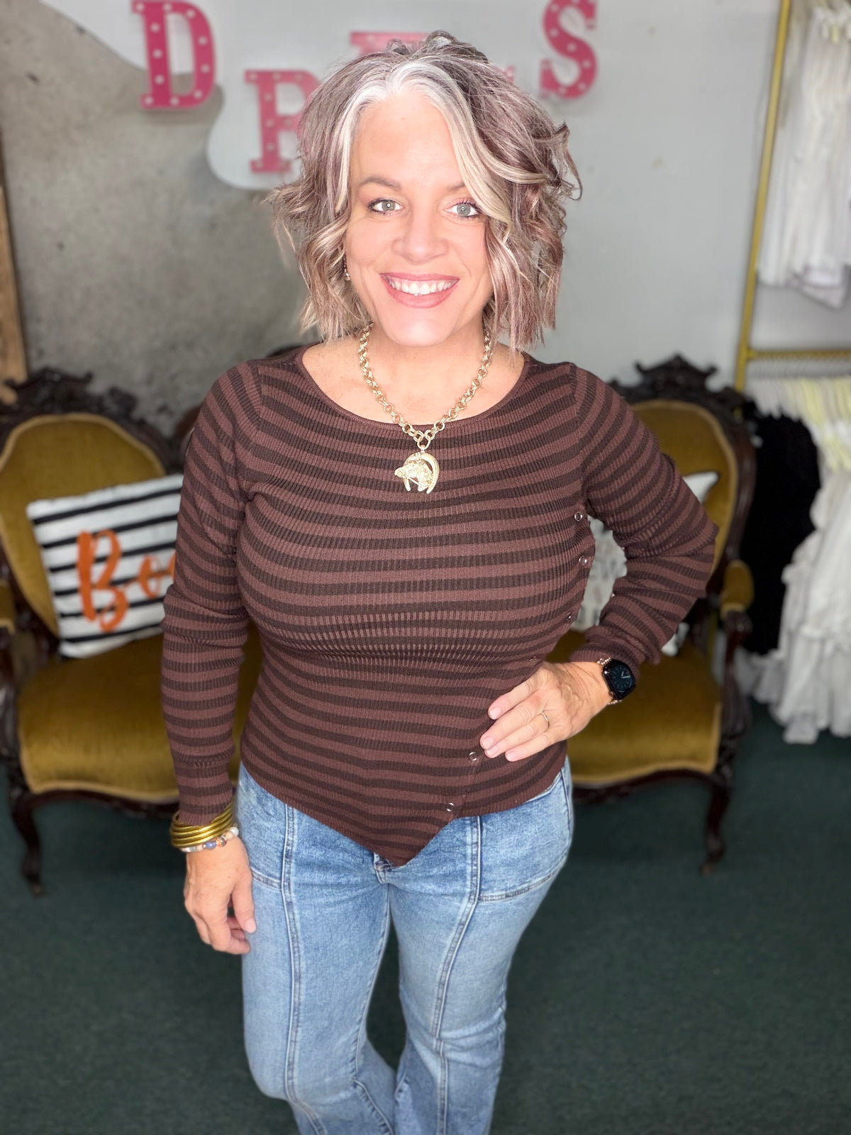 Chocolate Stripe Diagonal Snap Button Sweater Knit Top