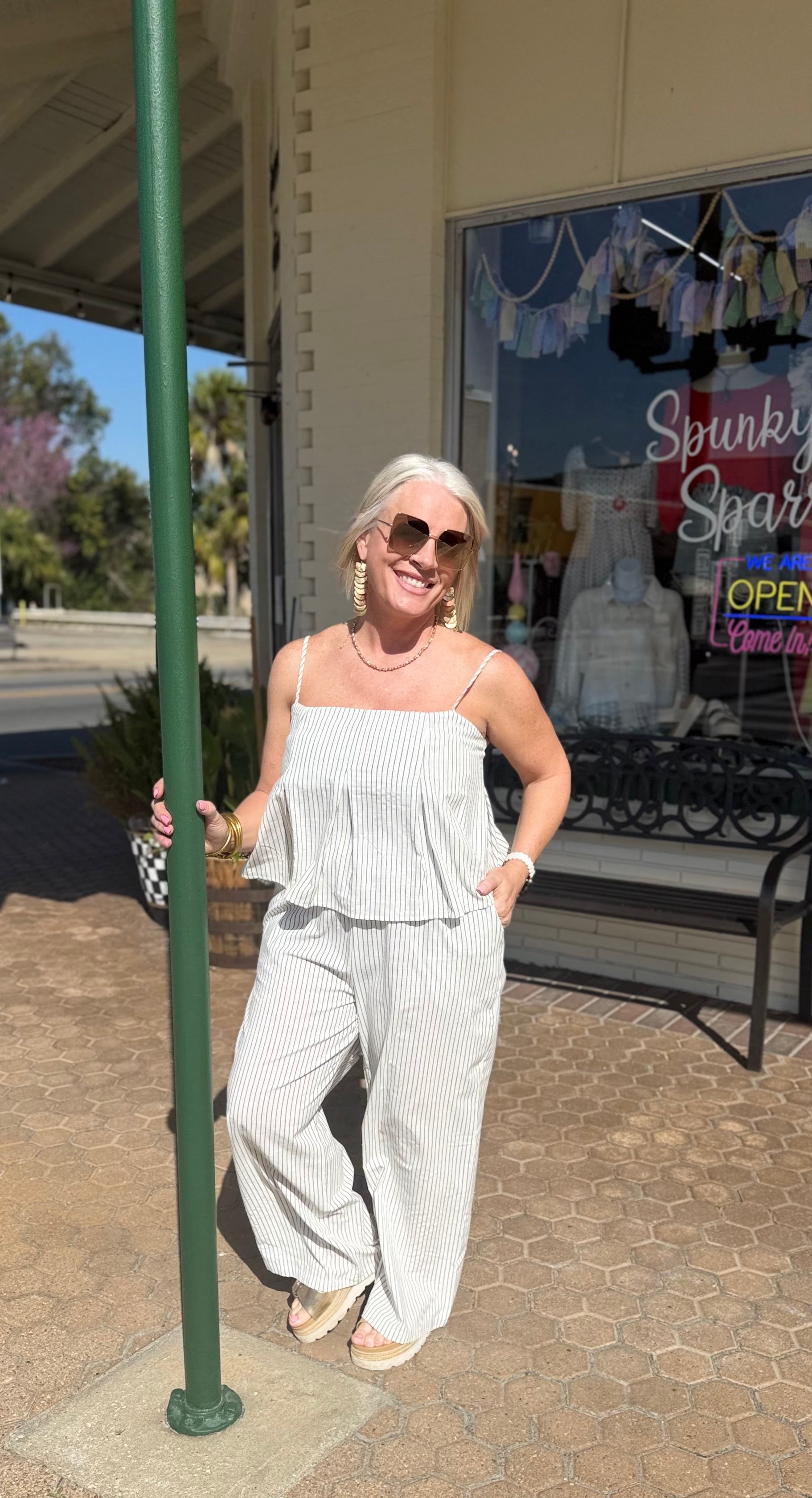 Off White Spaghetti Strap Top and Wide-Leg Pants Set