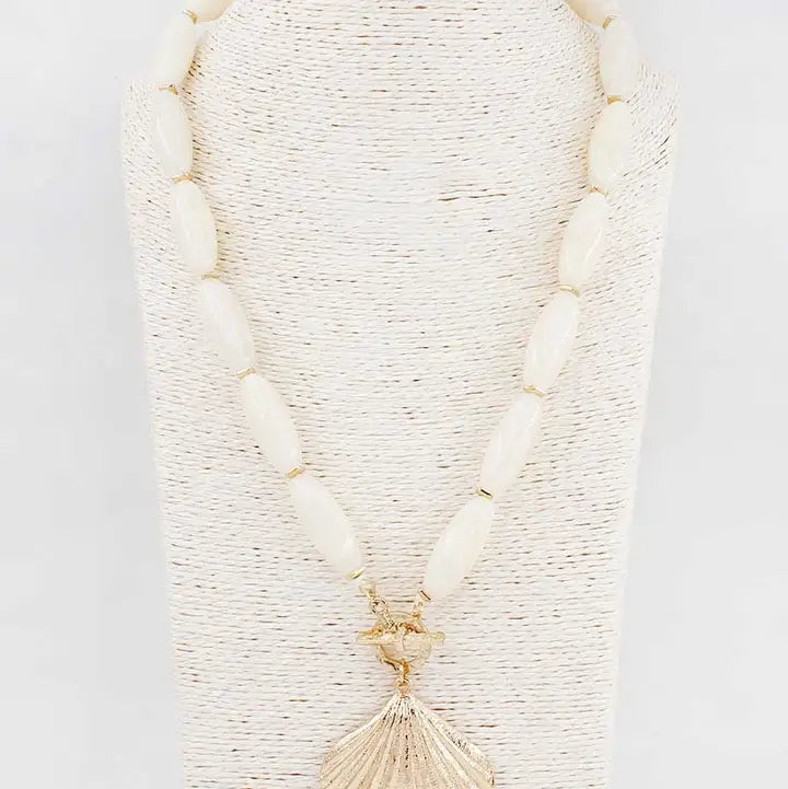 White Oval Stone 16"-18" Necklace with Gold 2" Shell Charm