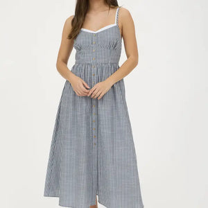 CHARCOAL STRIPE LINEN MIDI DRESS