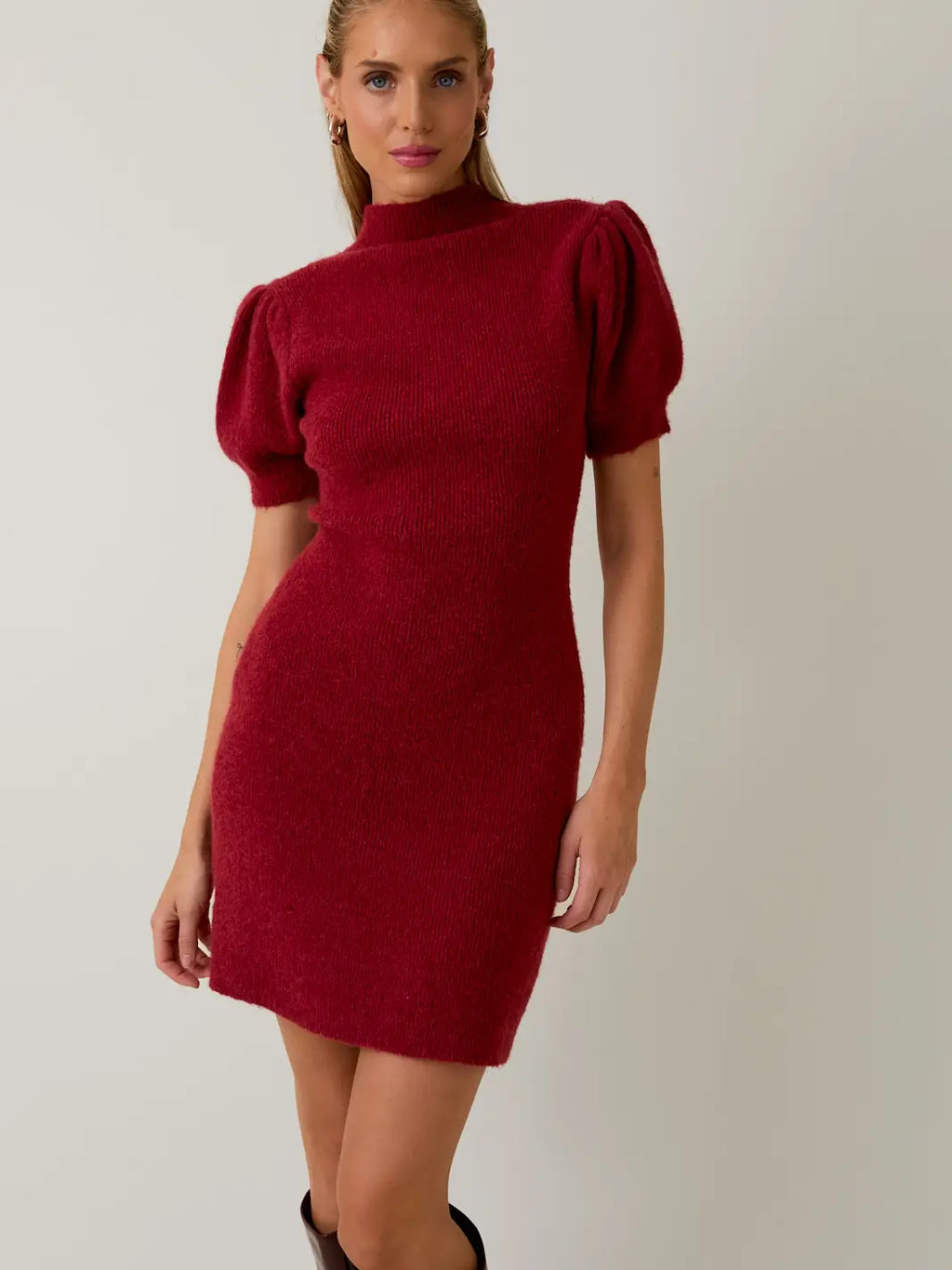 Burgundy Mock Neck Puff Short Sleeve Sweater Mini Dress