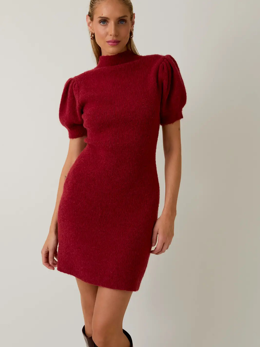 Burgundy Mock Neck Puff Short Sleeve Sweater Mini Dress
