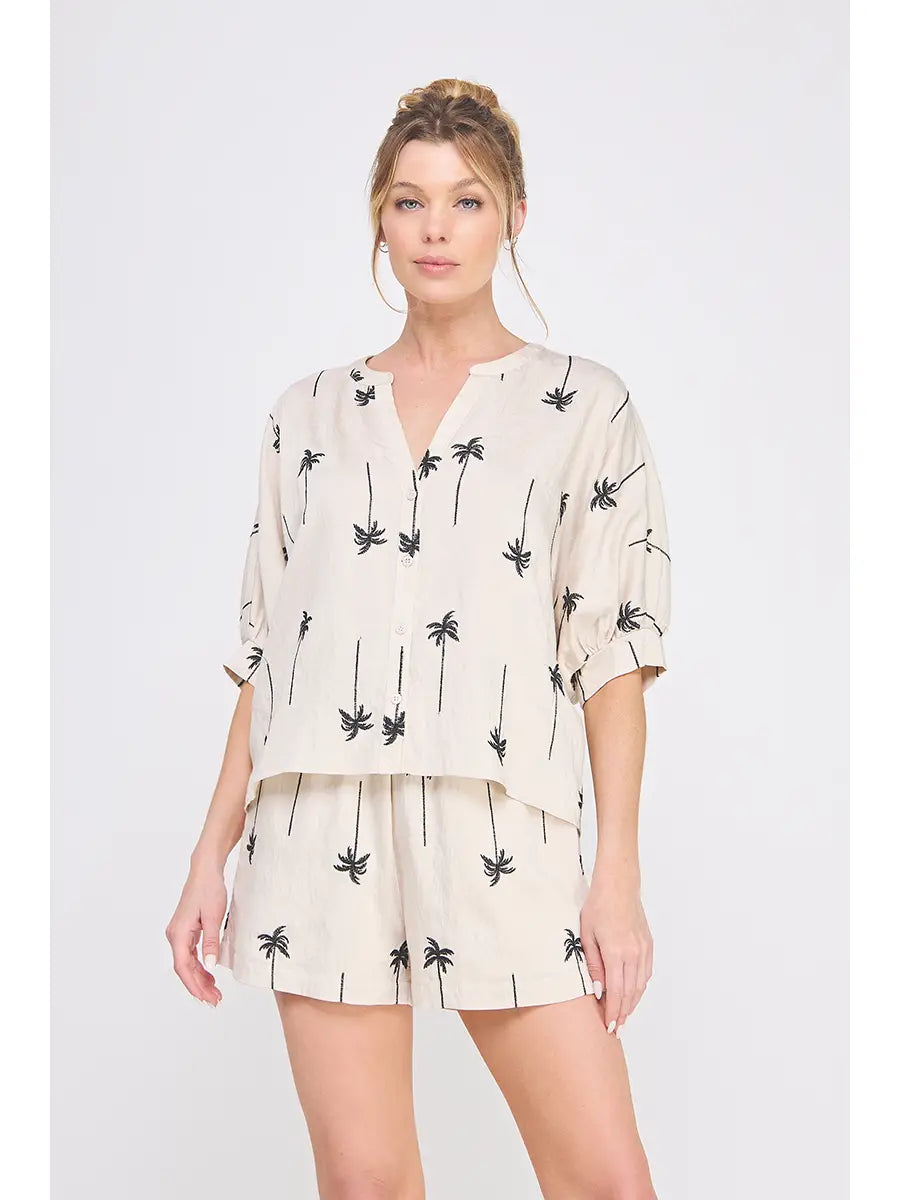 Draped Embroidered Palm Tree Dolman SHORTS SET