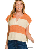 Light Orange Split Neck Sleeveless Stripe Sweater