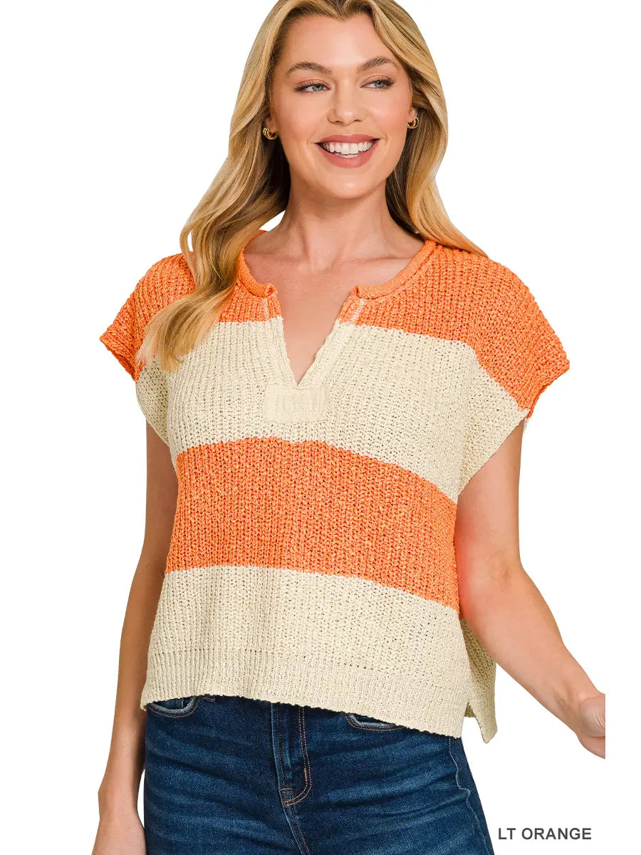 Light Orange Split Neck Sleeveless Stripe Sweater