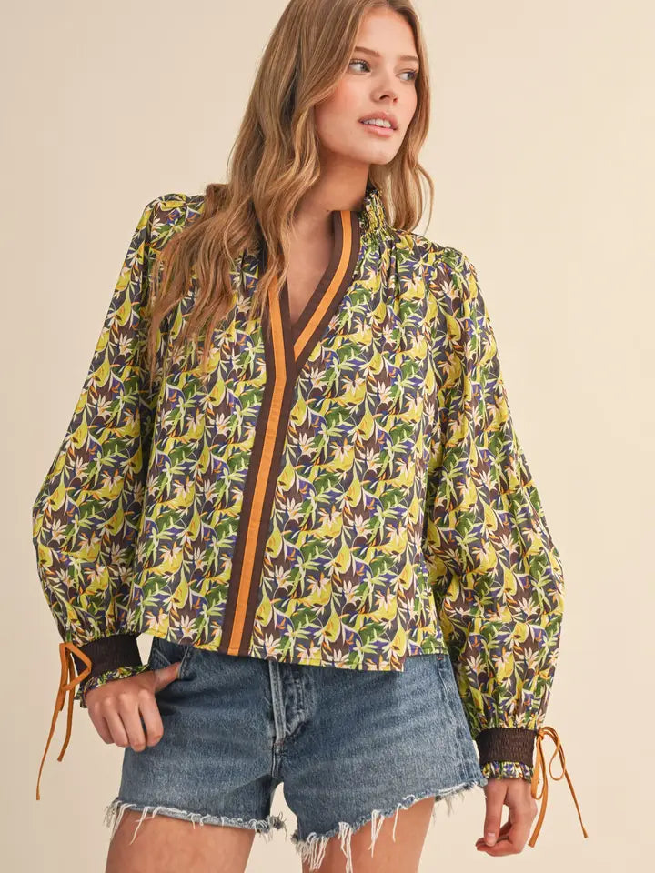 Green Multi Contrast Neckline Smocked Puff Sleeve Top