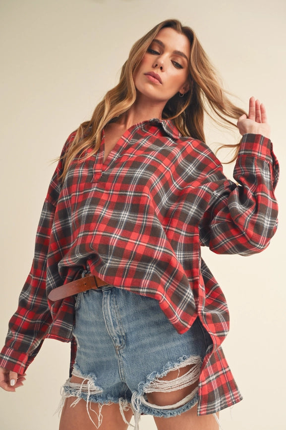 Red Plaid Pullover Top