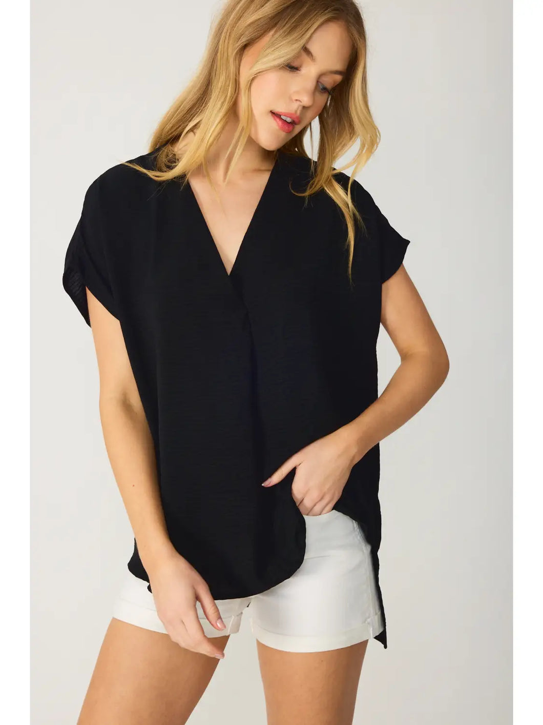 BLACK V Neck Relaxed Fit Short Sleeve Top