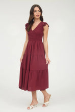 Load image into Gallery viewer, Flutter sleeve smocked dress in burgundy

