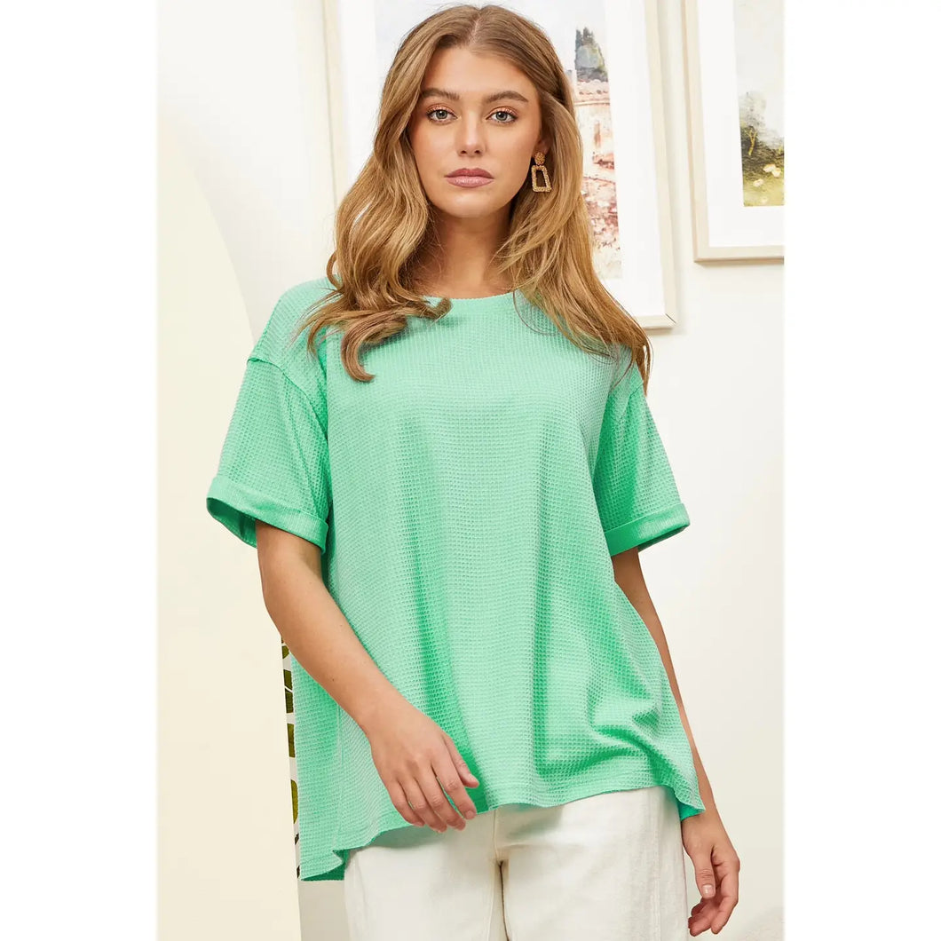 Short Sleeve Two-Tone waffle knit top in mint