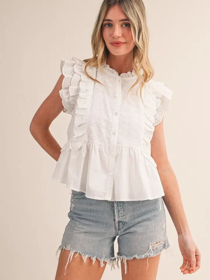 Off White Eyelet Button Down Peplum Top
