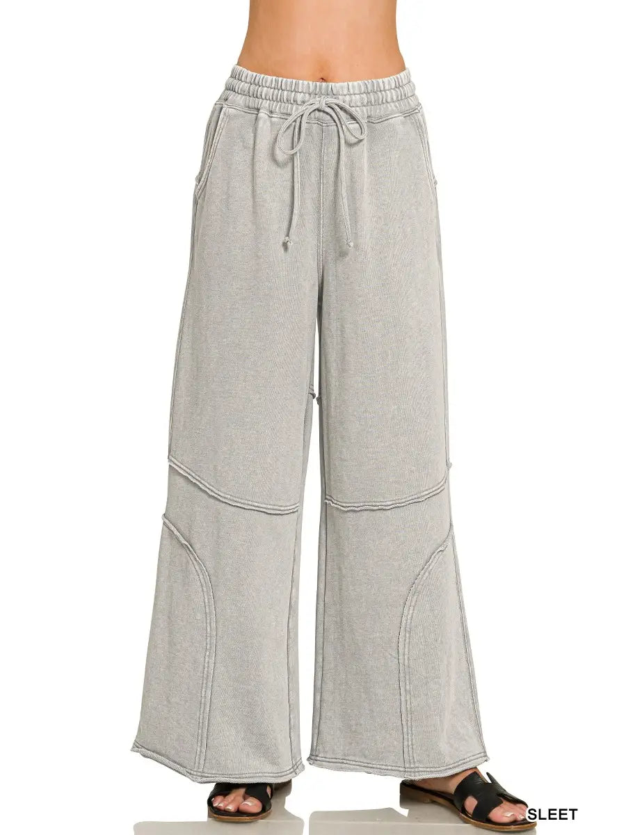Premium French Terry Washed Exposed-Seam Flare Pants in sleet