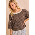 Mocha and Oatmeal Waffle Stripe with Binding Detail Relaxed Fit Top