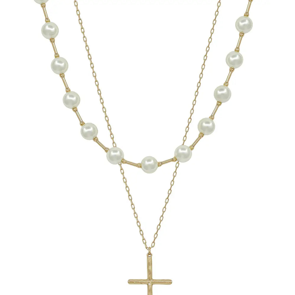 Water Resistant Pearl and Cross Layered 16"-18" Necklace