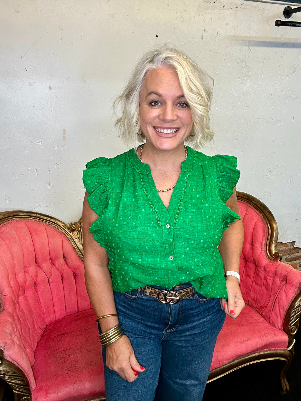 Kelly Green Swiss Dot Ruffle Sleeve Button Front Blouse