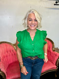 Kelly Green Swiss Dot Ruffle Sleeve Button Front Blouse