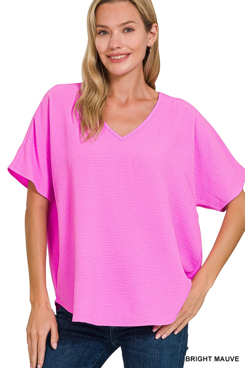 Bright Mauve Woven Airflow V-neck Short Sleeve Top