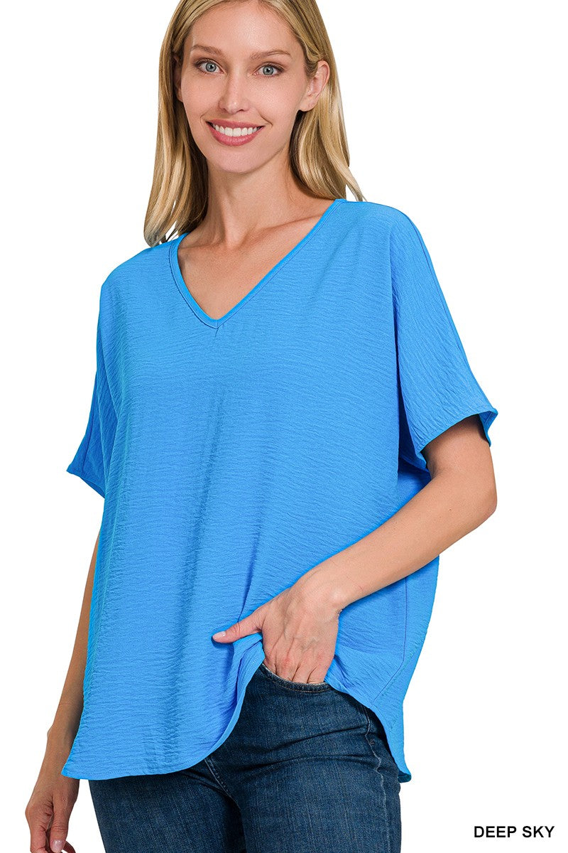 Deep Sky Woven Airflow V-neck Short Sleeve Top