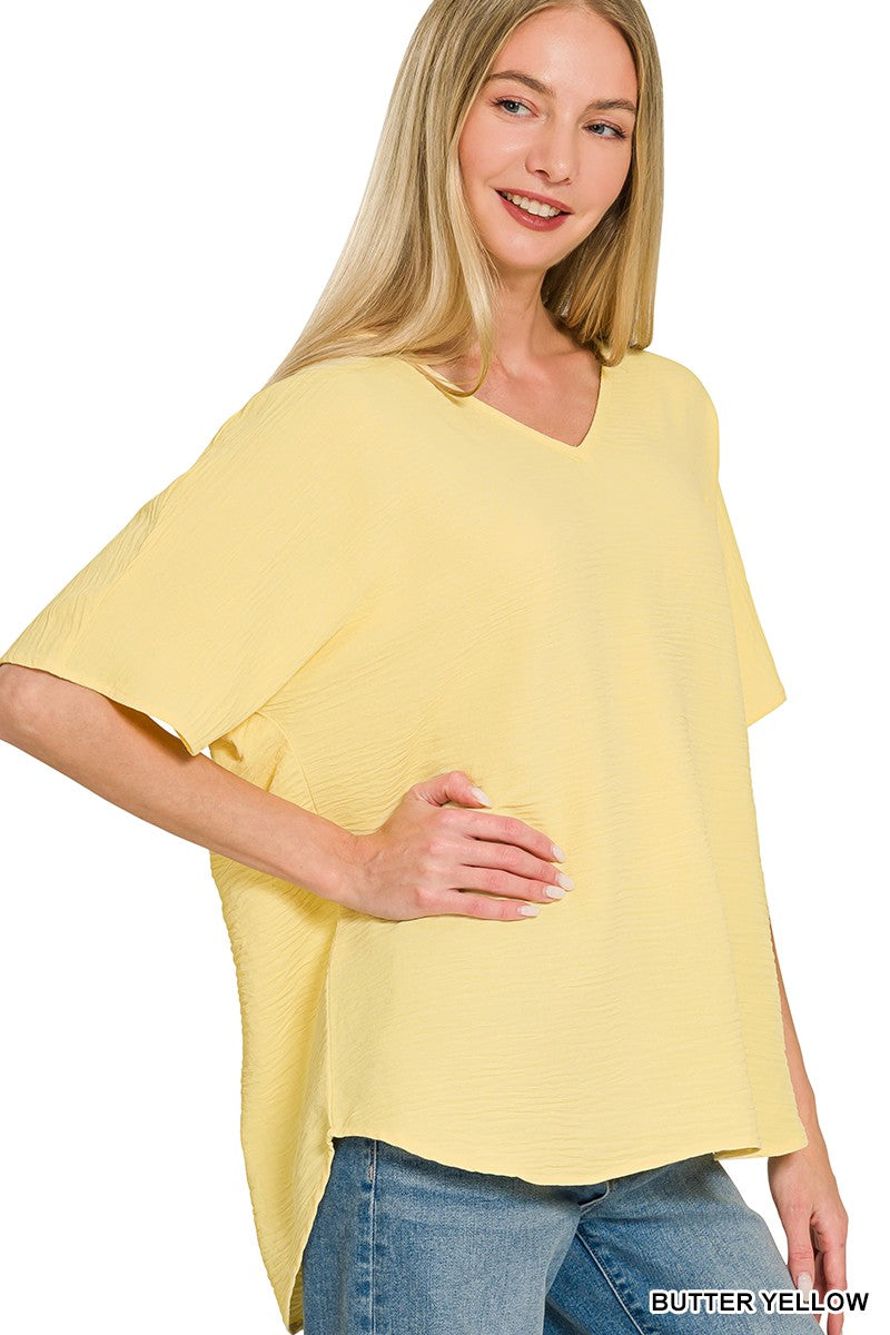 Butter Yellow Woven Airflow V-neck Short Sleeve Top