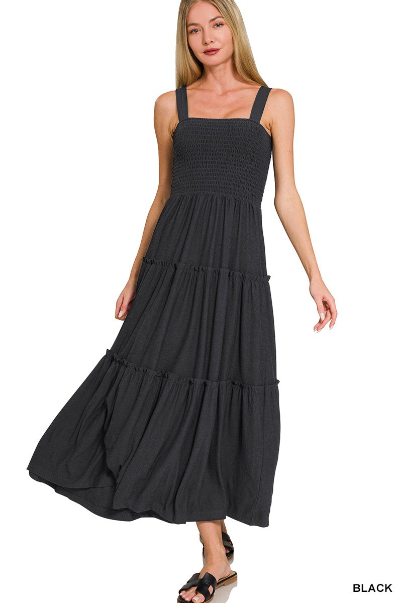 Black Smocked Tiered Midi Dress