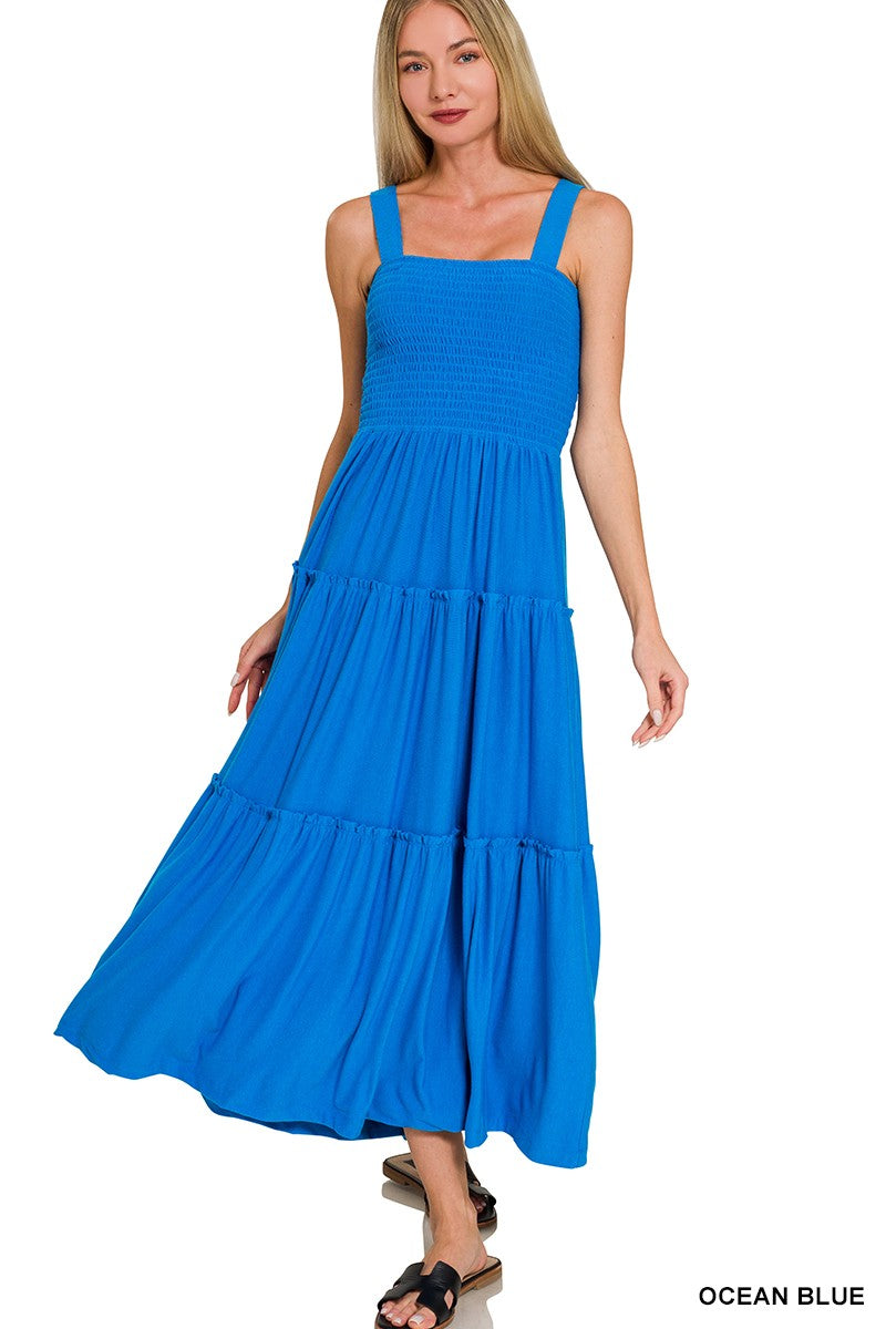 Ocean Blue Smocked Tiered Midi Dress