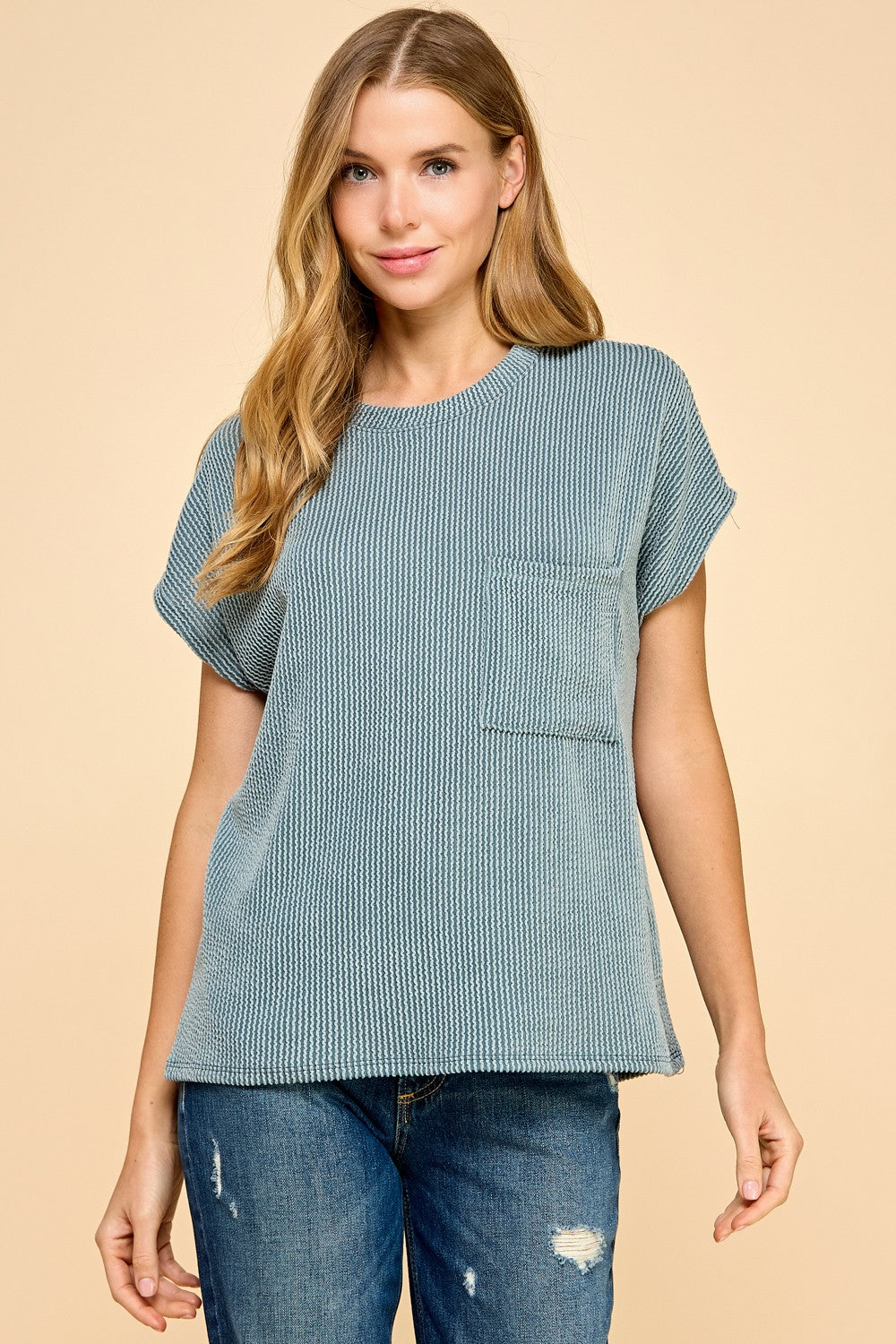 Seafoam Solid Ribbed Top With Pockets
