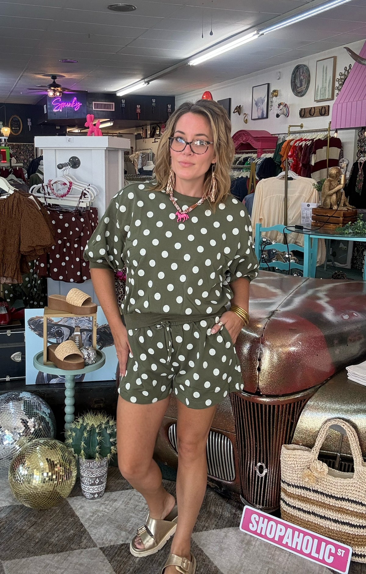Olive Polka Dot Sweatshirt and Shorts Set