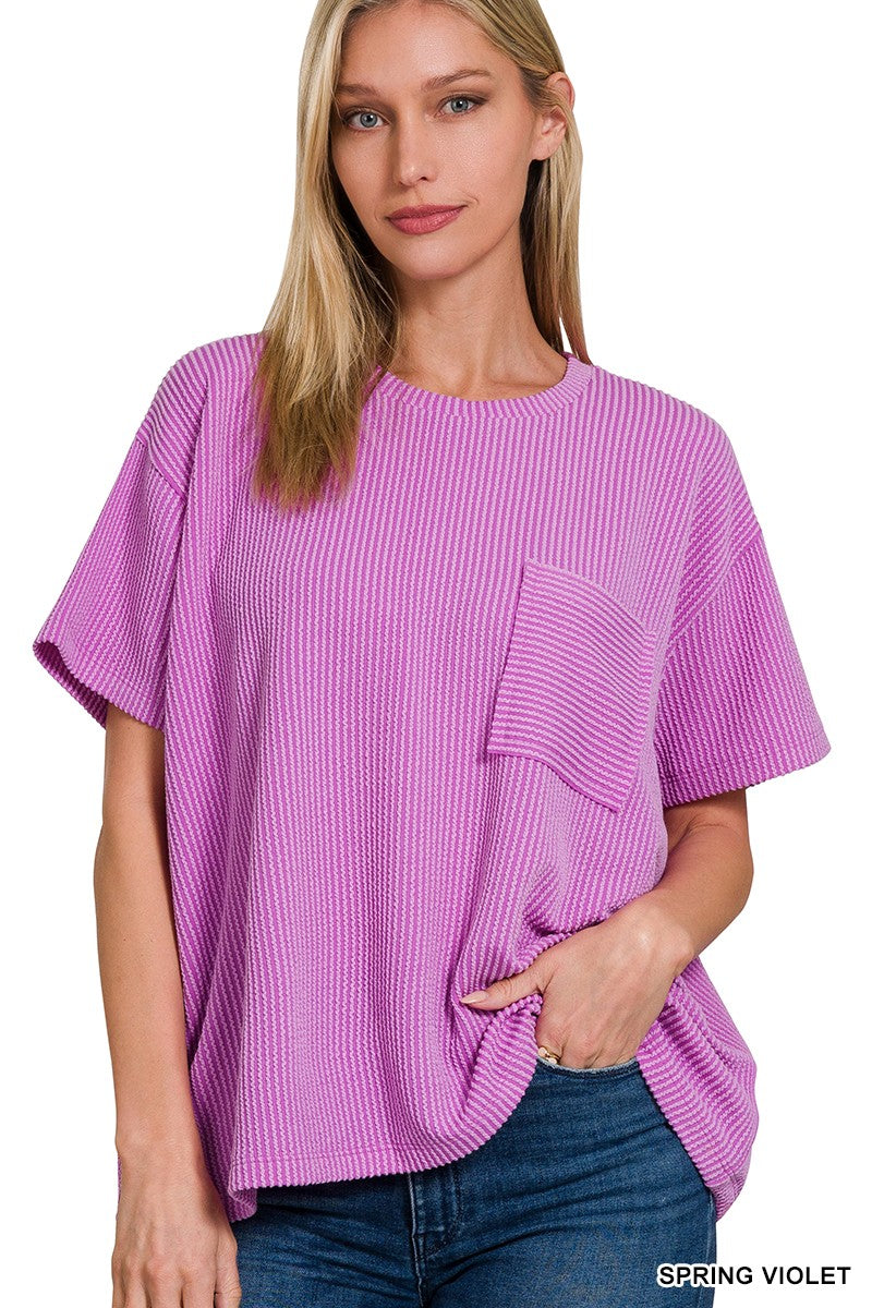 Spring Violet Raised Rib Short Sleeve Front Pocket Top