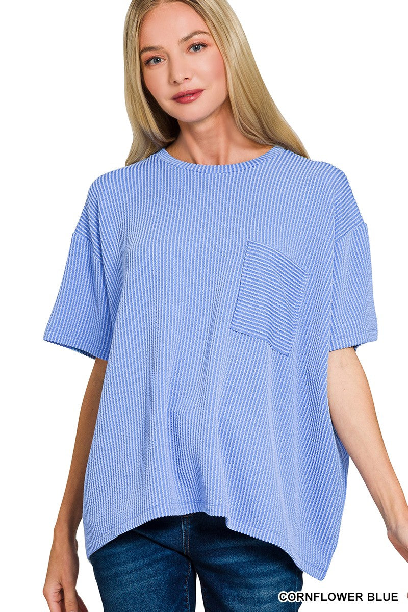 Cornflower Blue Raised Rib Short Sleeve Front Pocket Top