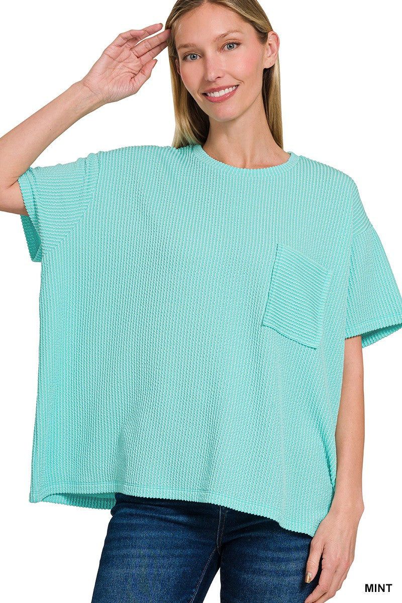 Mint Raised Rib Short Sleeve Front Pocket Top